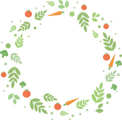 Round frame of vegetables - tomatoes, carrots, broccoli, and green leaves in flat