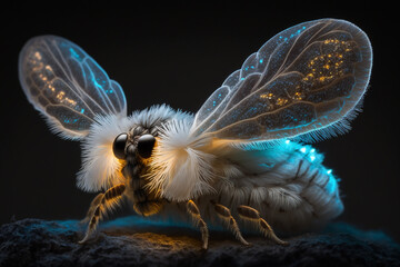 Mystical glowing insect or fly in a magical nature. Isolated on blurred background. Stunning animals in nature travel or wildlife photography made with Generative AI
