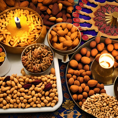 Ramadan Kareem and iftar muslim food, holiday concept. Trays with nuts and dried fruits and lanterns with candles. Celebration idea
