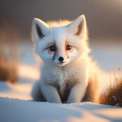 Obraz premium Cute and adorable baby fox sitting in snow field. Generative AI