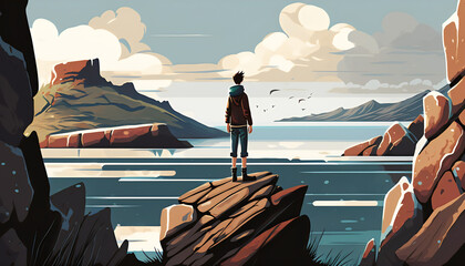 The Marvel: Vector Illustration of a Young Boy Staring at Rocks Suspended in the Sky from a Mountain Top, Generative AI