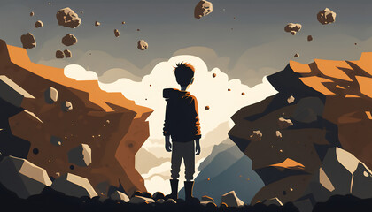 The Dreamer: Vector Art of a Young Boy Standing on a Mountain and Watching Rocks Hover in the Sky, Generative AI