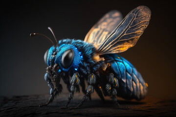 Mystical glowing fly in a magical nature. Isolated on blurred background. Stunning animals in nature travel or wildlife photography made with Generative AI