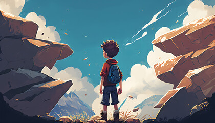 The Mystery of the Floating Rocks: Digital Art Style Illustration of a Young Boy on a Mountain, Generative AI