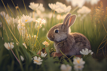 Little rabbit on green grass created with Generative Ai	

