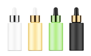 Obraz premium Realistic dropper bottle mockup. Vector illustration isolated on white background. Сan be used for cosmetic, medical and other needs. EPS10.