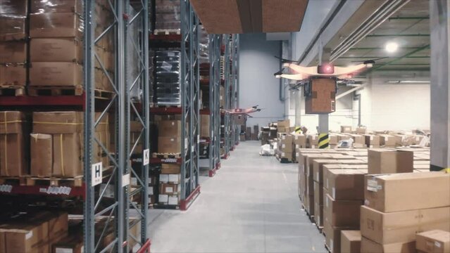Group of delivery drones flying at warehouse 