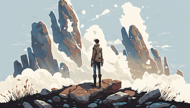 The Explorer: Young Boy Standing on the Mountain and Looking at Floating Rocks in the Sky, Generative AI