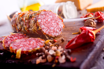 Salami sausage with slices on wooden board on a table