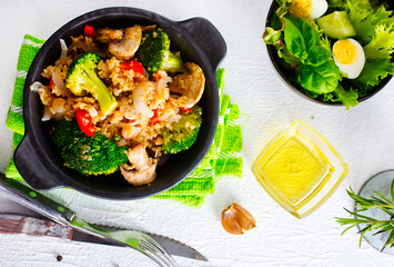 porridge with mushroom and boiled broccoli in bowl