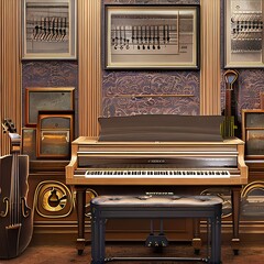 Fototapeta na wymiar A music room with a piano, a guitar, and a set of drums 1_SwinIRGenerative AI