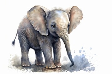 Fototapeta premium Watercolor baby animal elephant. Cute cartoon cub illustration. Baby, birthday, kid, child. Generative AI