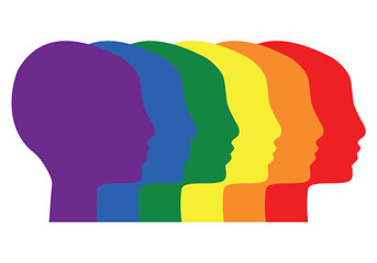 People supporing LGBT rights. Multiethnic people communicate, vector illustration. Faces of diverse cultures in propfile in different colors of the rainbow. LGBTQ community