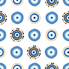 Greek evil eye vector symbol of protection. Seamless pattern. Turkish Nazar Boncugu amulet illustration. Believed that it protects against evil eye. Background of blue Turkish eyes