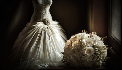 Wedding bridal bouquet and dress, generative ai illustration