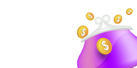 Illustration, the concept of a coin purse,
on a white background. Banner design template. 3d vector drawing.