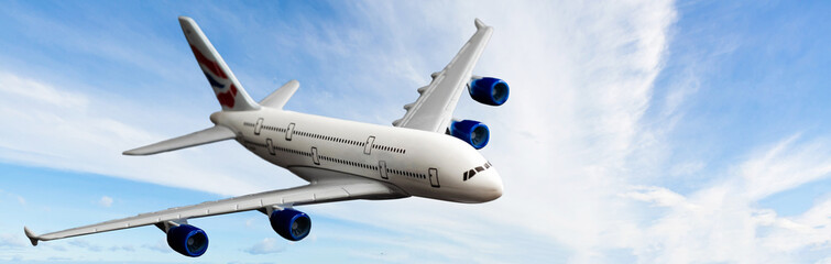 Airplane high speed on the clouds sky.