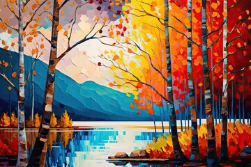Colorful autumn trees, abstract forest painting (Ai generated)