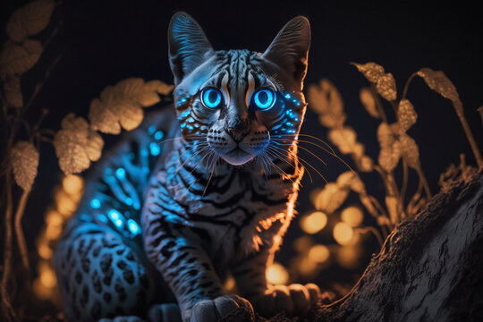 Mystical glowing Diviya, Leopard, or big cat in Srilanken magical rainforest. Isolated on blurred background. Stunning animals in nature travel or wildlife photography made with Generative AI