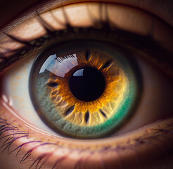 Brown or green human eye in macro with glare of light