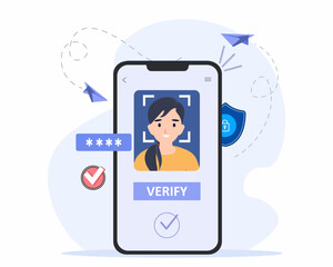 Face Recognition Technology Concept, mobile apps with biometric face detection technology features,