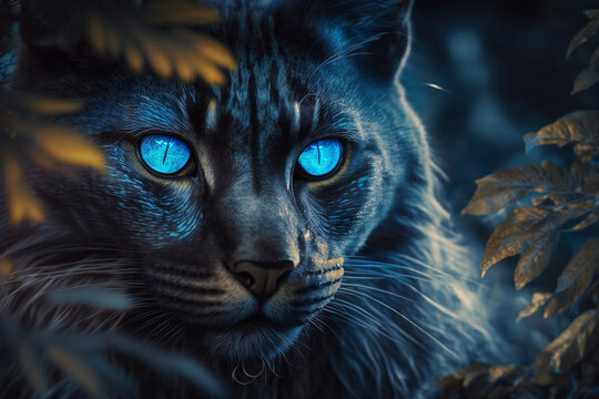 Mystical glowing black tiger or cat face in a magical nature. Isolated on blurred background. Stunning animals in nature travel or wildlife photography made with Generative AI