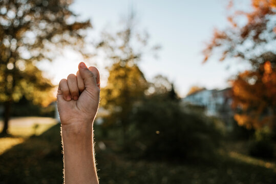 Cropped hands of boy making fist at yard