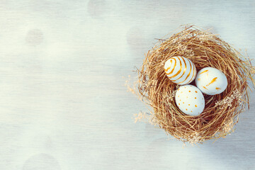 Happy easter Day. Easter eggs on wooden background. Greetings and presents for Easter Day celebrate time. Flat lay ,top view, copy space.