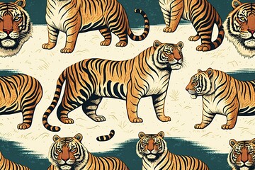 Fototapeta na wymiar Tiger vintage, wildlife animal watercolor painting (Ai generated)