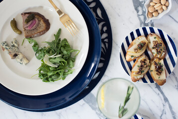 Overhead view of appetizers in plate on table