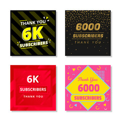 Thank you 6k subscribers set template vector. 6000 subscribers. 6k subscribers colorful design vector. thank you six thousand subscribers