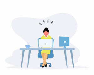 Tired young woman working on her laptop, complete deadline, Stress at workplace.