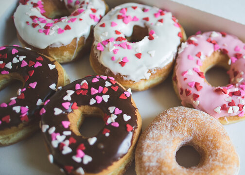 High angle view of donuts in box