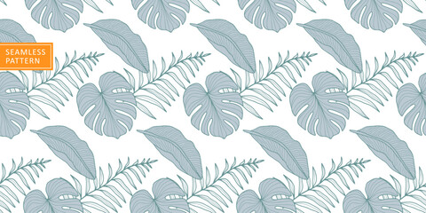 Vector seamless tropical pattern with monstera leaves, fern and banana leaves for textiles, covers, backgrounds