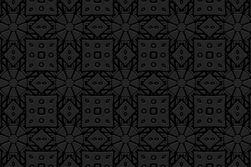 Obraz na płótnie Canvas Embossed ethnic black background, stylized cover design. Geometric 3D drawing, press paper, leather. Motives of the East, Asia, India, Mexico, Aztecs, Peru. Dudling, boho, art deco.