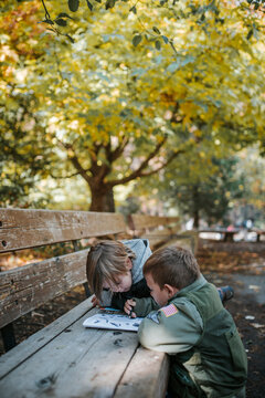 Brothers reading book on bench at Yosemite National Park