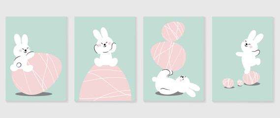 Cute comic easter wall art vector set. Collection of adorable hand drawn playful rabbit and easter egg. Design illustration for nursery wall art in doodle style, baby, kids poster, card, invitation.