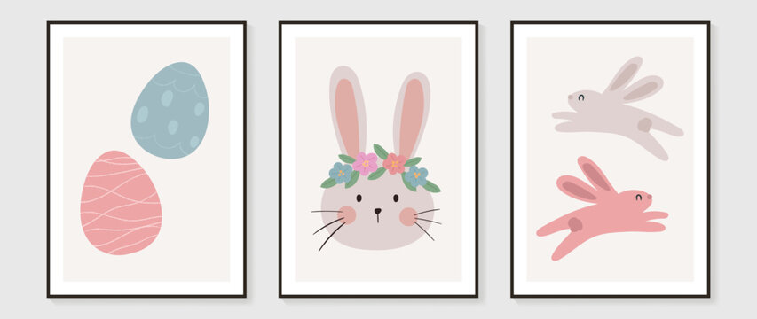 Cute comic easter wall art vector set. Collection of adorable hand drawn rabbit, easter eggs, flowers. Design illustration for nursery wall art in doodle style, baby, kids poster, card, invitation.