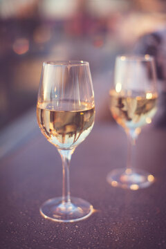 Close-up of white wine served on table