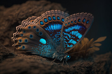 Mystical glowing butterfly in a magical nature. Isolated on blurred background. Stunning animals in nature travel or wildlife photography made with Generative AI