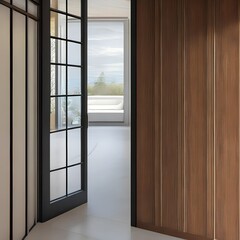 Fototapeta na wymiar 1 A formal entryway with a sleek, modern staircase and a dark, wood-paneled accent wall 2_SwinIRGenerative AI