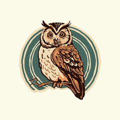 A vintage cartoon owl sitting on a branch with the word owl on it.