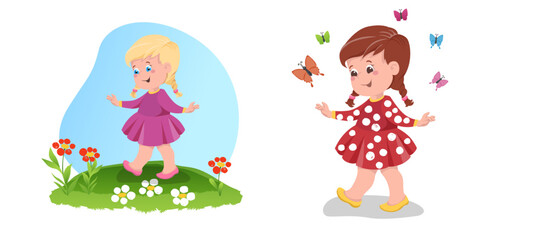 vector illustration with cute girl in a children's style. Cute girl is pushing a wheel barrow preparing the plants for planting.