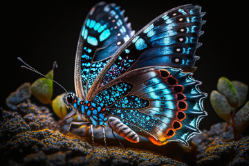 Fototapeta na wymiar Mystical glowing blue butterfly in a magical nature. Isolated on dark background. Stunning animals in nature travel or wildlife photography made with Generative AI