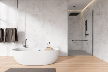 Fototapeta na wymiar White marble bathroom with tub and shower