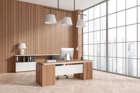 Light business interior with workspace, pc computer and panoramic window