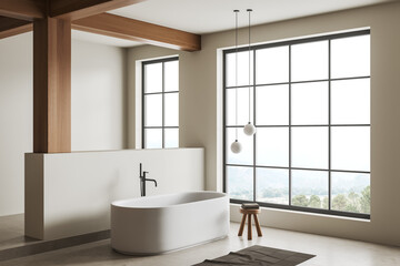 Modern bathroom interior with bathtub and accessories, panoramic window
