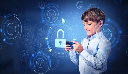 Cute little boy with smartphone, cybersecurity interface