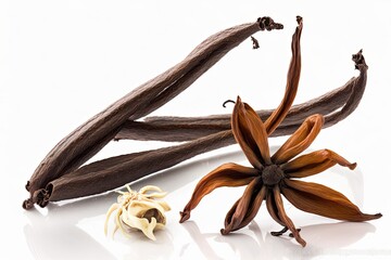 Dry vanilla pods and a delicate vanilla bloom are isolated on a white backdrop. Generative AI