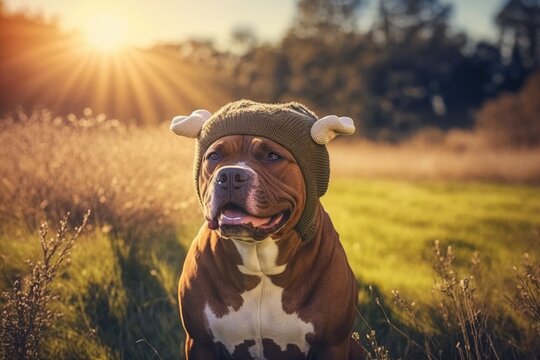 Photograph of a funny dog wearing a bear cap. Adorable Staffie in animal costume enjoying the sunshine in the meadow. Generative AI